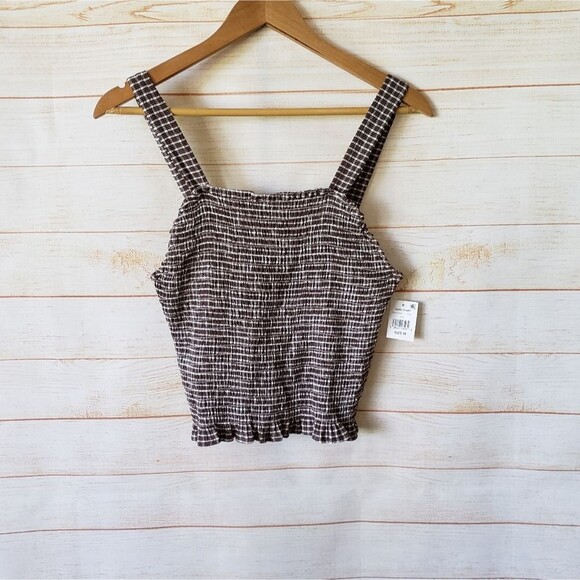 Sanctuary Westside Gingham Check Plaid Smocked Cropped Tank Top Chocolate Medium - Picture 5 of 10